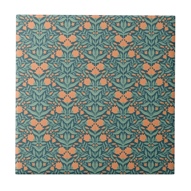 Art Nouveau orange tulip-like floral pattern Ceramic Tile (Front)