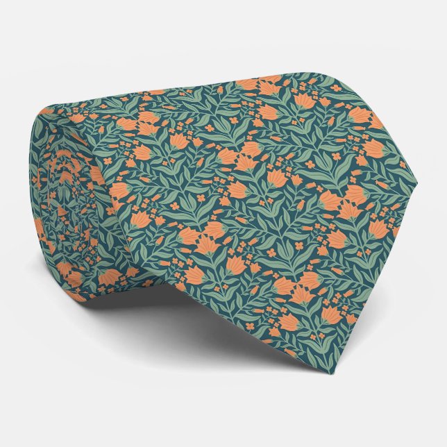 Art Nouveau orange tulip-like floral pattern Tie (Rolled)