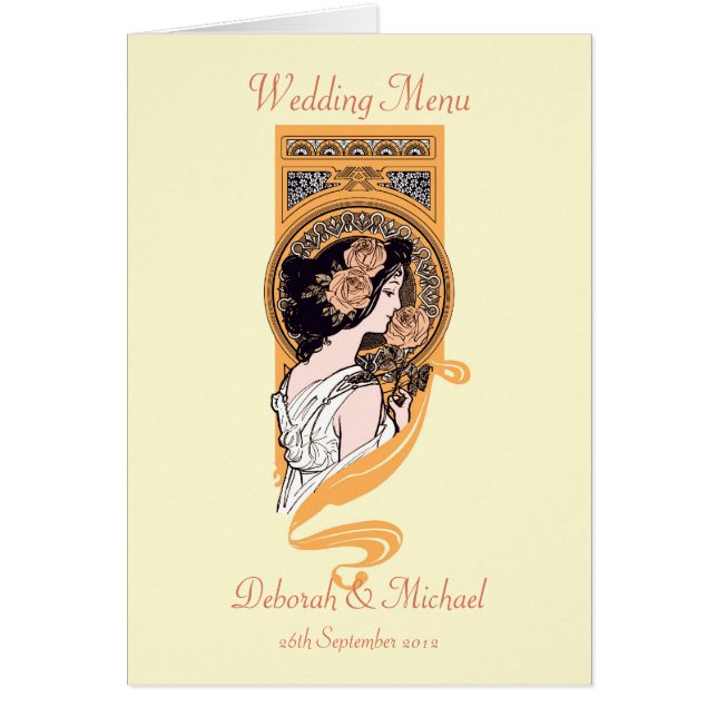 Art nouveau orange yellow wedding menu card (Front)