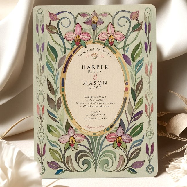 Art Nouveau Orchid & Foliage Gold Wedding Invitation (Creator Uploaded)