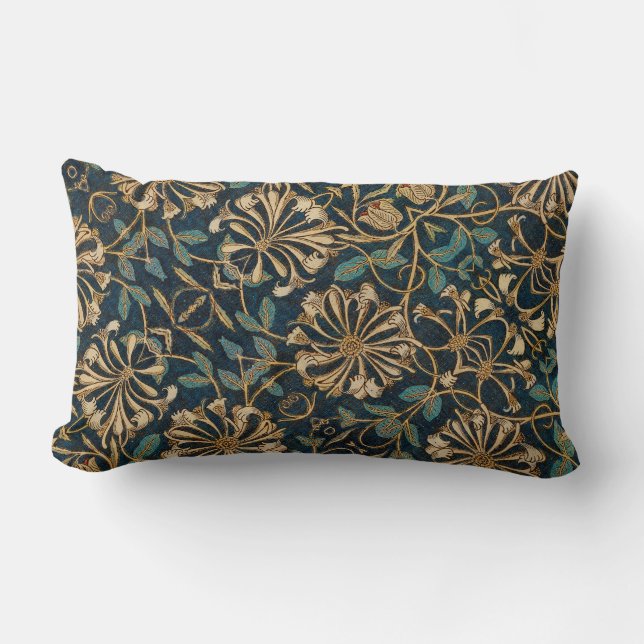 Art Nouveau Ornate Teal Gold Florals Lumbar Cushion (Front)