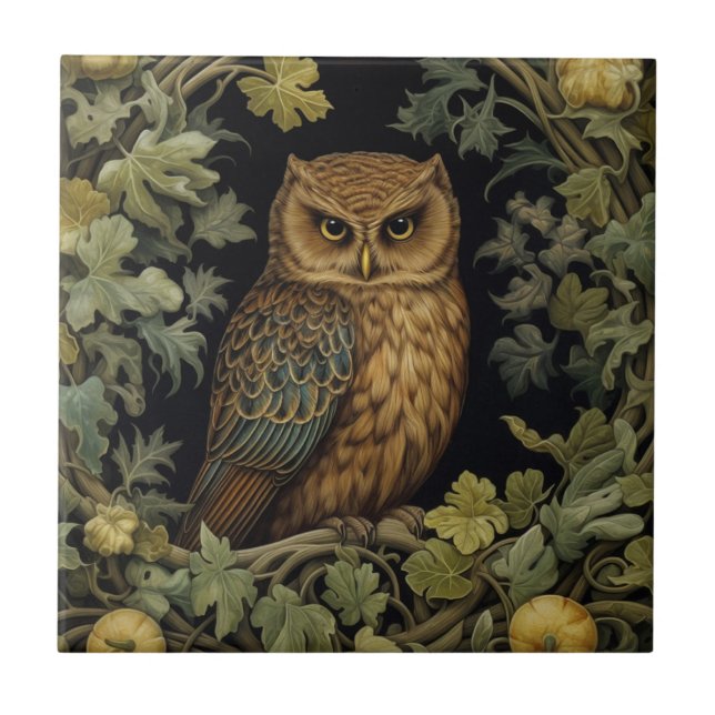 Art nouveau owl in the forest ceramic tile (Front)