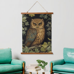 Art nouveau owl in the forest hanging tapestry