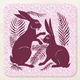 Art Nouveau Pair of Rabbits Voysey and Morris Square Paper Coaster