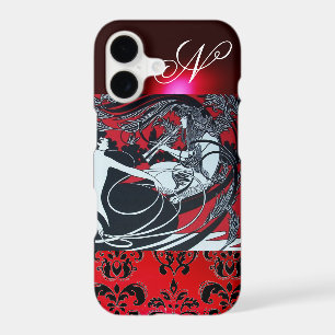 ART NOUVEAU PAN , RED BLACK WHITE DAMASK MONOGRAM