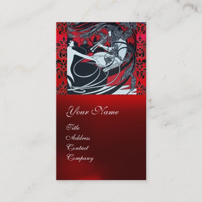 ART NOUVEAU PAN , RED BLACK WHITE DAMASK MONOGRAM BUSINESS CARD (Front)