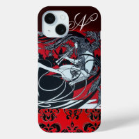 ART NOUVEAU PAN , RED BLACK WHITE DAMASK MONOGRAM
