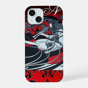 ART NOUVEAU PAN , RED BLACK WHITE DAMASK MONOGRAM iPhone 15 CASE