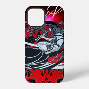 ART NOUVEAU PAN , RED BLACK WHITE DAMASK MONOGRAM iPhone CASE