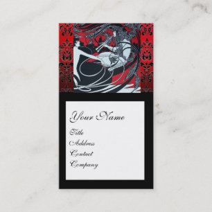 ART NOUVEAU PAN , RED BLACK WHITE DAMASK SQUARE BUSINESS CARD