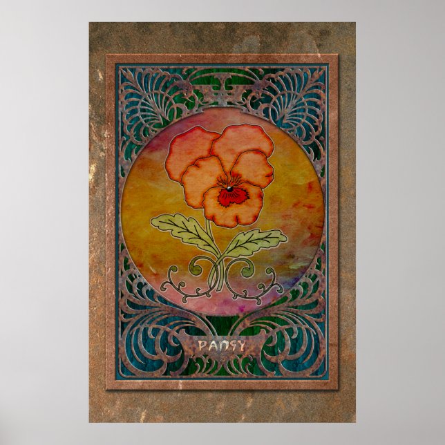Art Nouveau Pansy in a Coppery Mucha Frame Poster (Front)