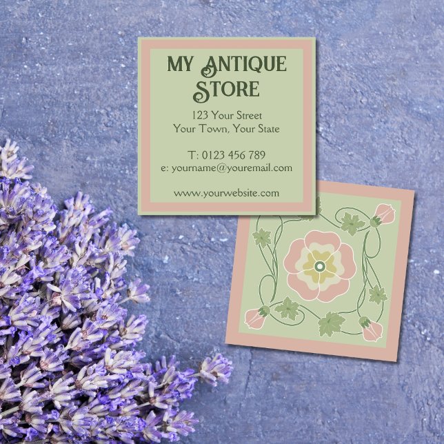 Art Nouveau Pastel Pink Green Square Business Card (Creator Uploaded)