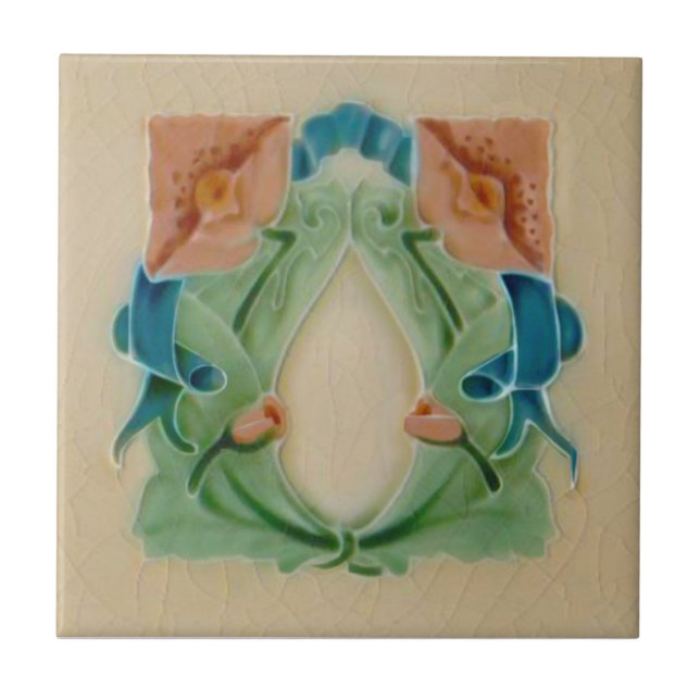 Art Nouveau Peach Mint Teal Floral Antique Repro Ceramic Tile (Front)