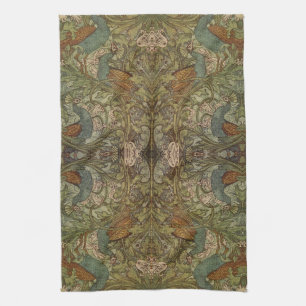 Art nouveau peacock and flower jacquard tea towel