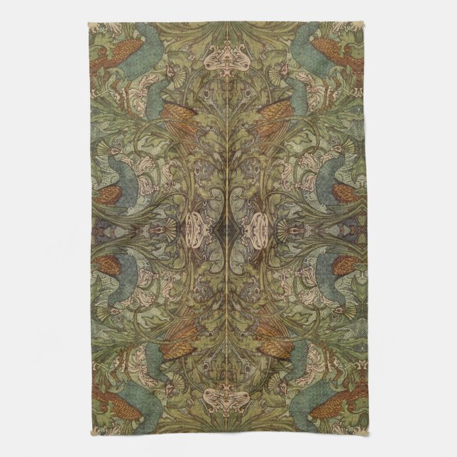 Art nouveau peacock and flower jacquard tea towel (Vertical)