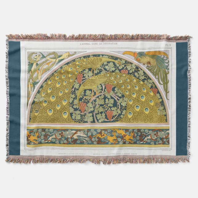 Art nouveau peacock animals grapevines verneuil throw blanket (Front)
