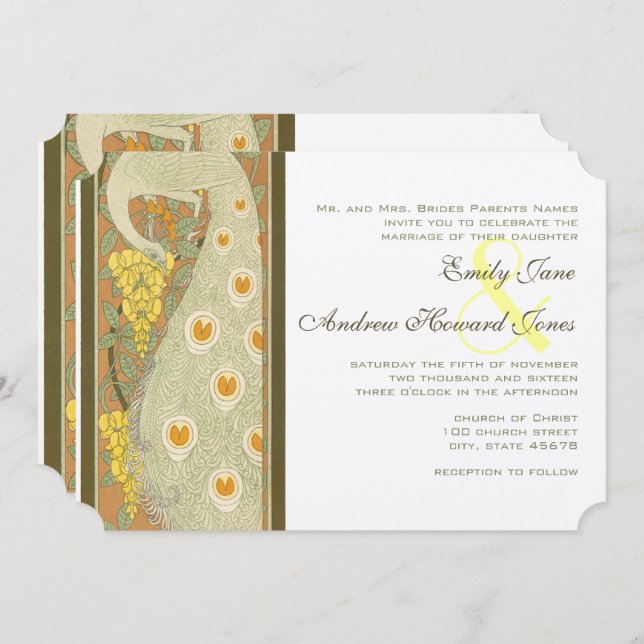 Art Nouveau Peacock Birds Wedding Invitation (Front/Back)