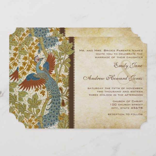 Art Nouveau Peacock Birds Wedding Invitation 3 (Front/Back)