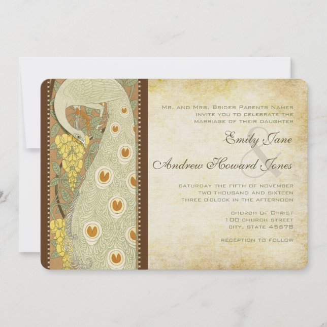 Art Nouveau Peacock Birds Wedding Invitation 3 (Front)