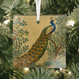 Art Nouveau Peacock Botanical Illustration Glass Tree Decoration