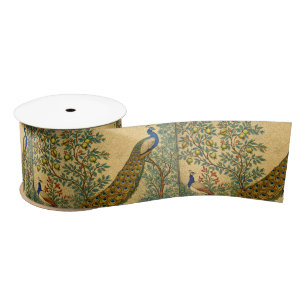 Art Nouveau Peacock Botanical Illustration Satin Ribbon