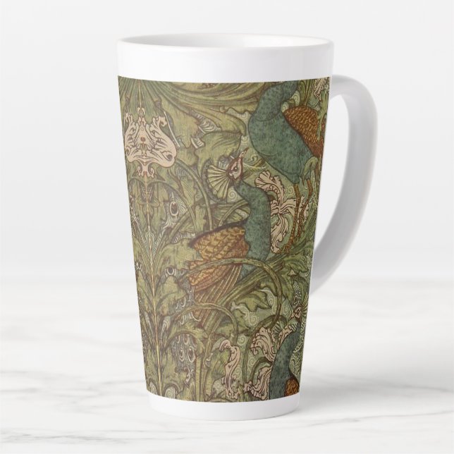 Art nouveau peacock flower jacquard blue green  latte mug (Right Angle)