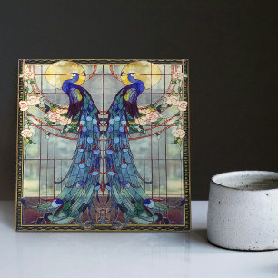 Art Nouveau Peacock Lovebirds Roses Vine Swing Ceramic Tile