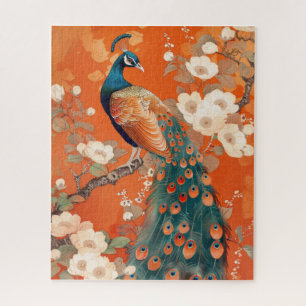 Art Nouveau Peacock on Orange Floral  Jigsaw Puzzle