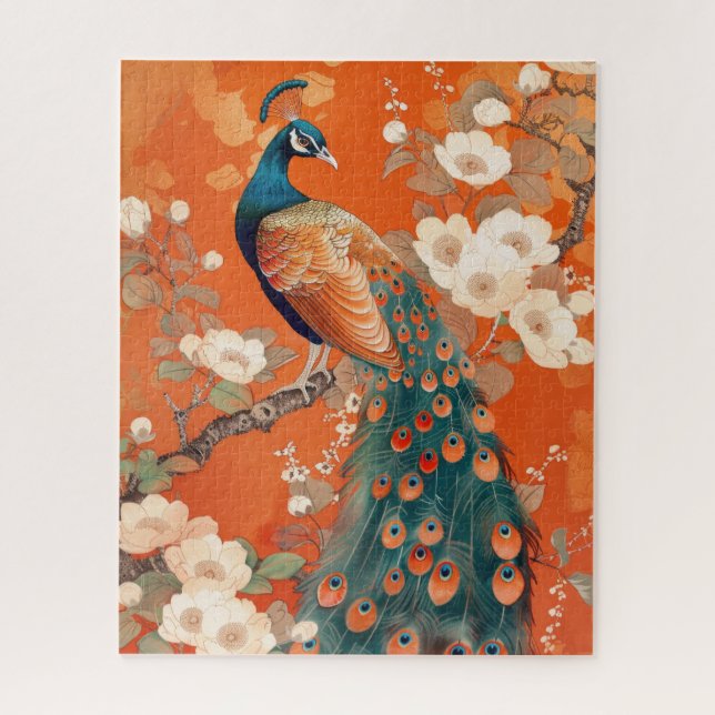 Art Nouveau Peacock on Orange Floral  Jigsaw Puzzle (Vertical)