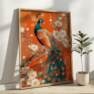 Art Nouveau Peacock on Orange Floral  Poster