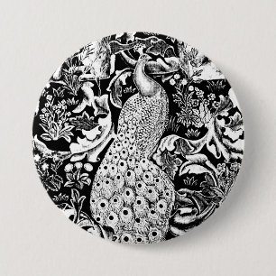 Art Nouveau Peacock Print, Black and White 7.5 Cm Round Badge