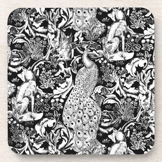 Art Nouveau Peacock Print, Black and White Coaster (Front)
