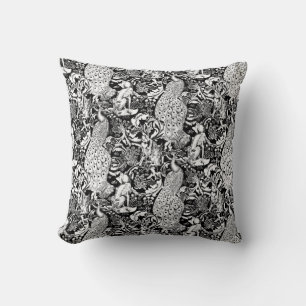 Art Nouveau Peacock Print, Black and White Cushion