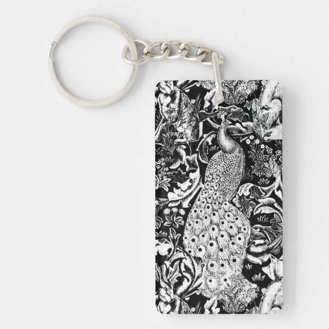 Art Nouveau Peacock Print, Black and White Key Ring (Front)