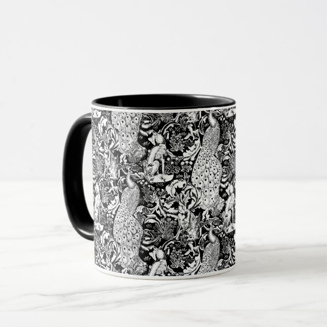 Art Nouveau Peacock Print, Black and White Mug (Front Left)