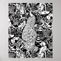 Art Nouveau Peacock Print, Black and White