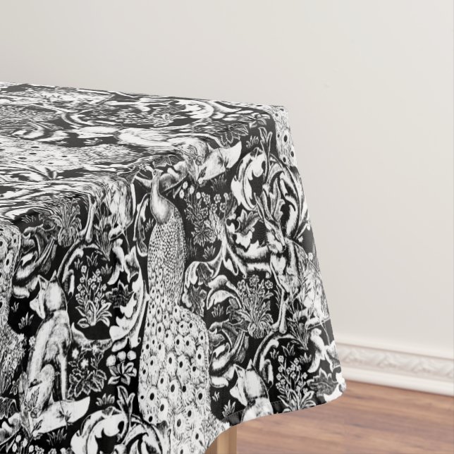 Art Nouveau Peacock Print, Black and White Tablecloth (In Situ)
