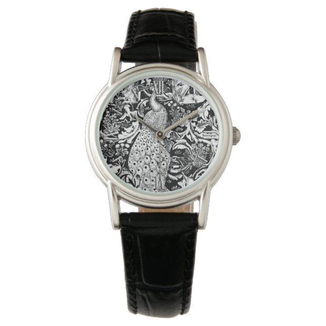 Art Nouveau Peacock Print, Black and White Watch (Front)