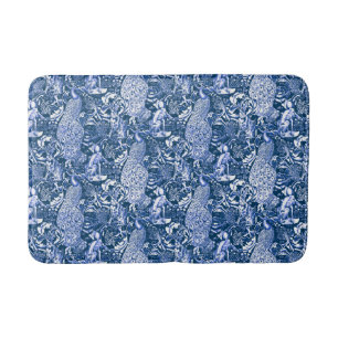 Art Nouveau Peacock Print, Blue and White Bath Mat
