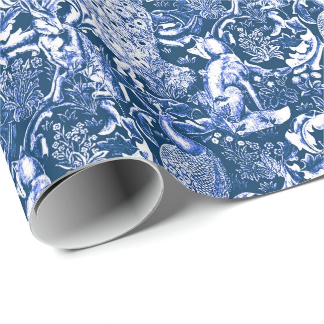 Art Nouveau Peacock Print, Blue and White Wrapping Paper (Roll Corner)