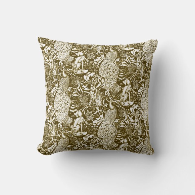 Art Nouveau Peacock Print, Brown and Cream Cushion (Front)
