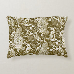 Art Nouveau Peacock Print, Brown and Cream Decorative Cushion