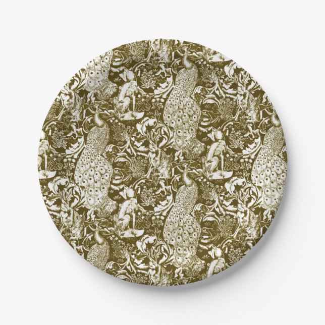 Art Nouveau Peacock Print, Brown and Cream Paper Plate (Front)