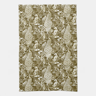 Art Nouveau Peacock Print, Brown and Cream Tea Towel