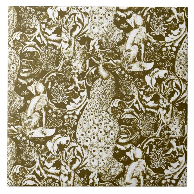 Art Nouveau Peacock Print, Brown and Cream Tile (Front)