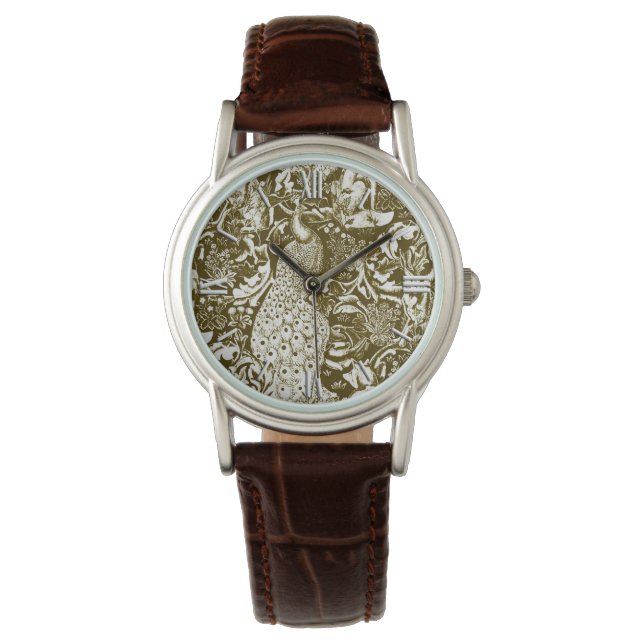 Art Nouveau Peacock Print, Brown and Cream Watch (Front)