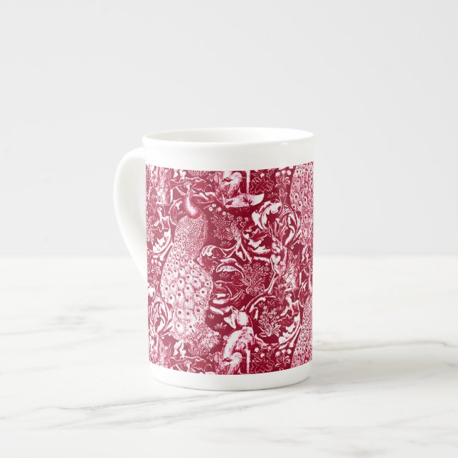 Art Nouveau Peacock Print, Burgundy Wine Bone China Mug (Front Left)