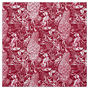 Art Nouveau Peacock Print, Burgundy Wine Fabric