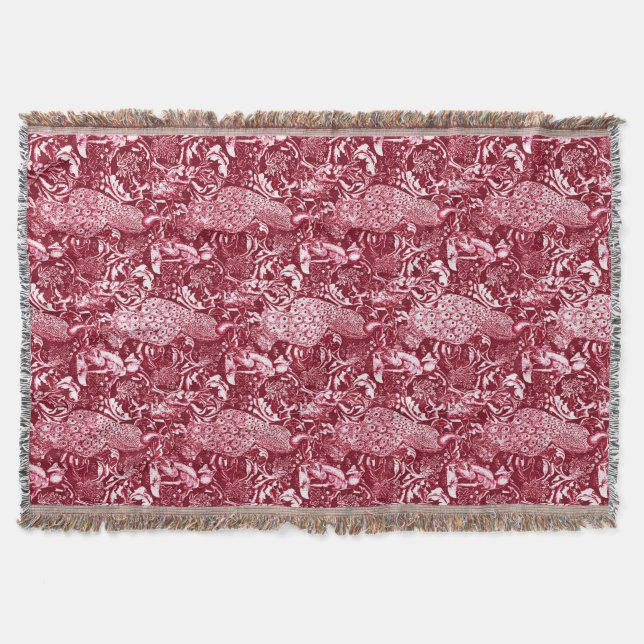 Art Nouveau Peacock Print, Burgundy Wine Throw Blanket (Front)