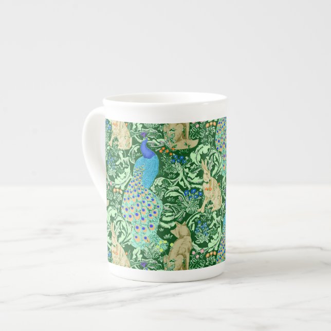Art Nouveau Peacock Print, Cobalt Blue & Green Bone China Mug (Front Left)